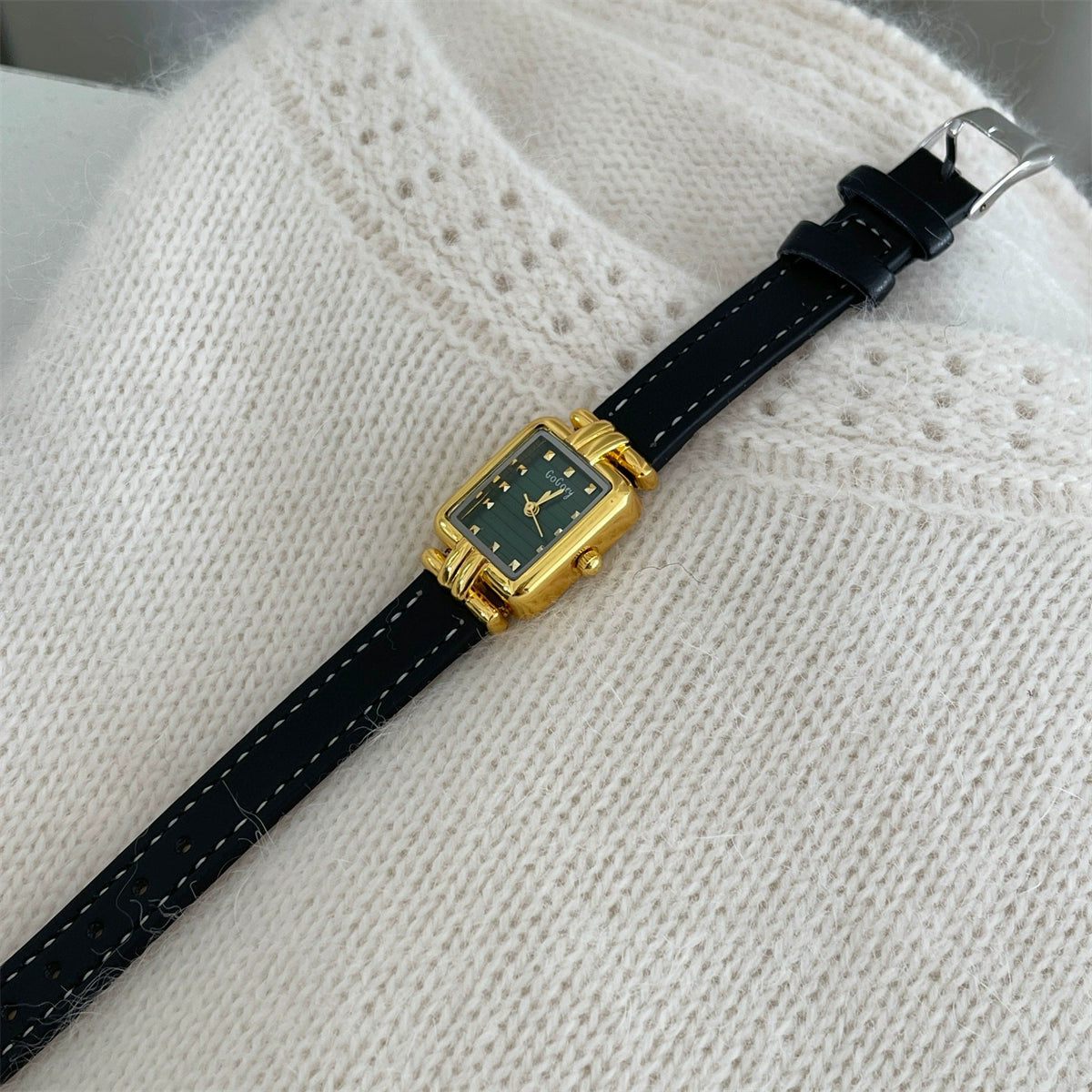 Susanna Vintage Leather Watch - Black Strap, Gold Frame, Green Dial [DET0DXZU]