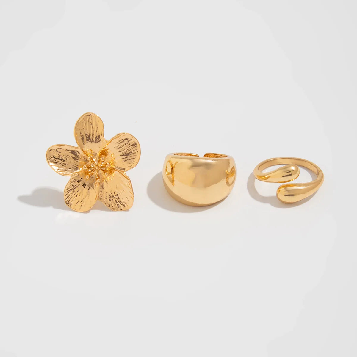 Fatimah Bloom & Teardrop Ring Trio - Light Gold Waterdrop