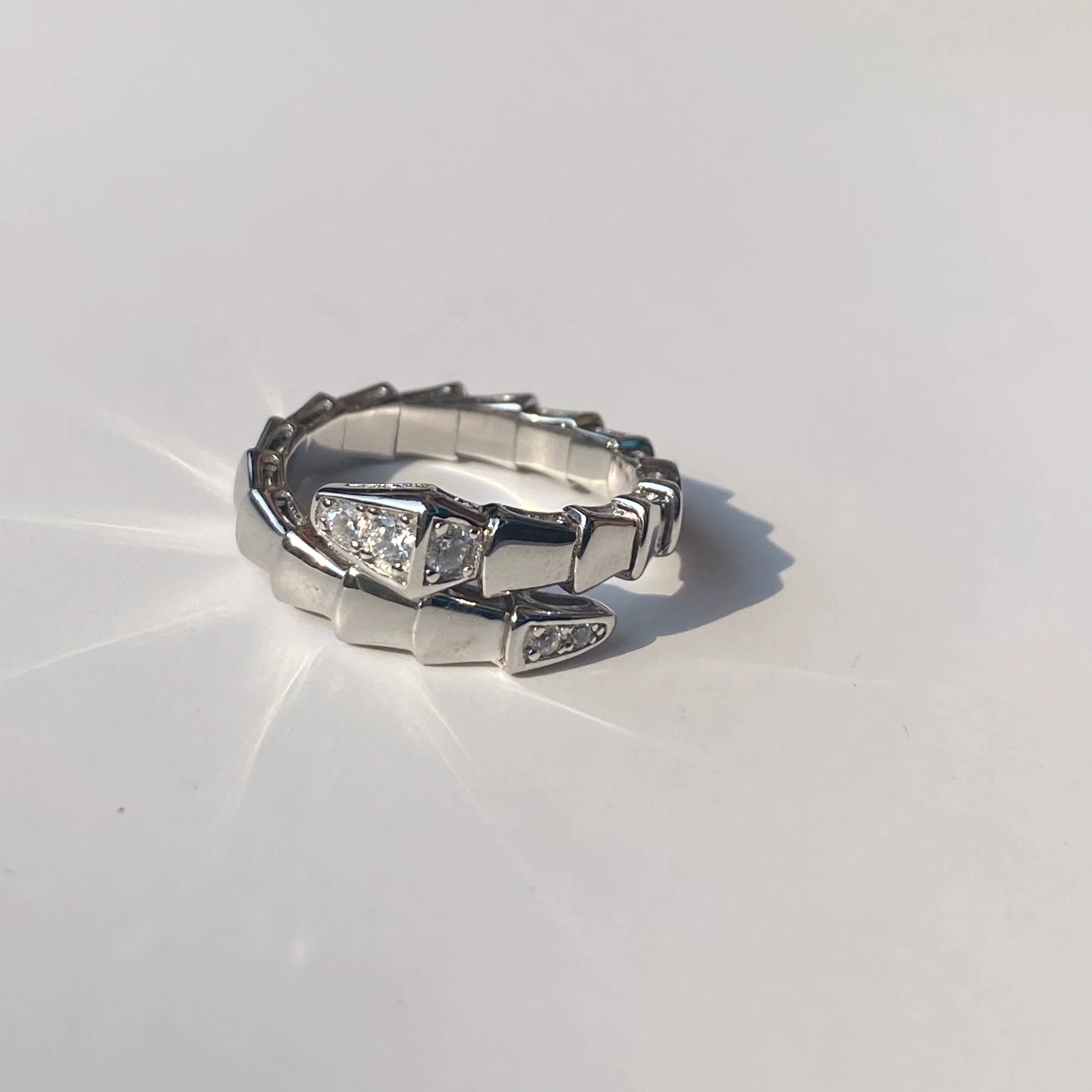 Brionna Serpent Embrace Ring - White Gold Narrow Snake Ring with Pave Ends
