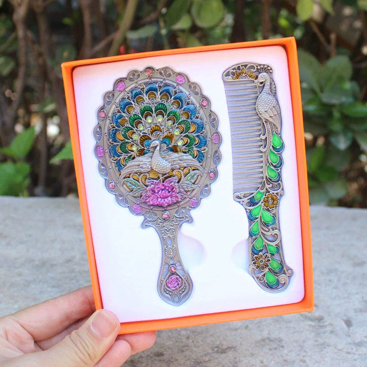 Hillary Vintage Mirror Set - Pewter Spreading Tail Peacock - Yellow Box
