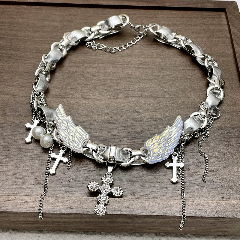 Liesl Winged Cross Choker - Silver Leather Cross Necklace [HBM0RTJX]