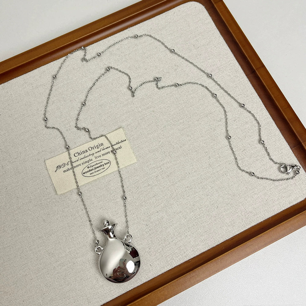 Snow Perfume Bottle Necklace - Silver Flask (Metal Chain) [H93J7E4H]
