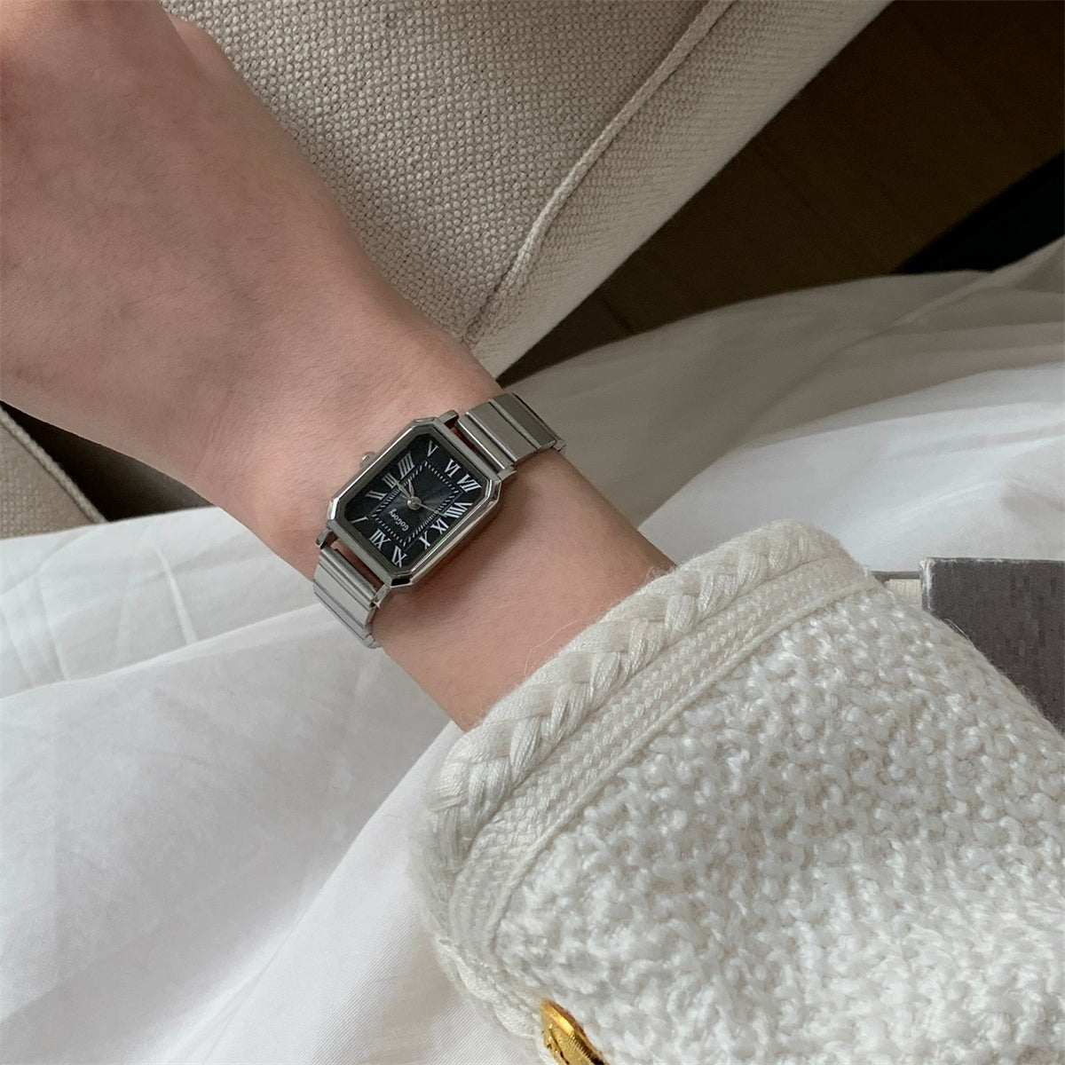 Queenie Luxe Square Roman Watch - Silver Black [RQLSW91U]
