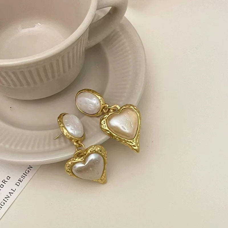 Nadeen Retro Puffed Heart Earrings - Pearl White