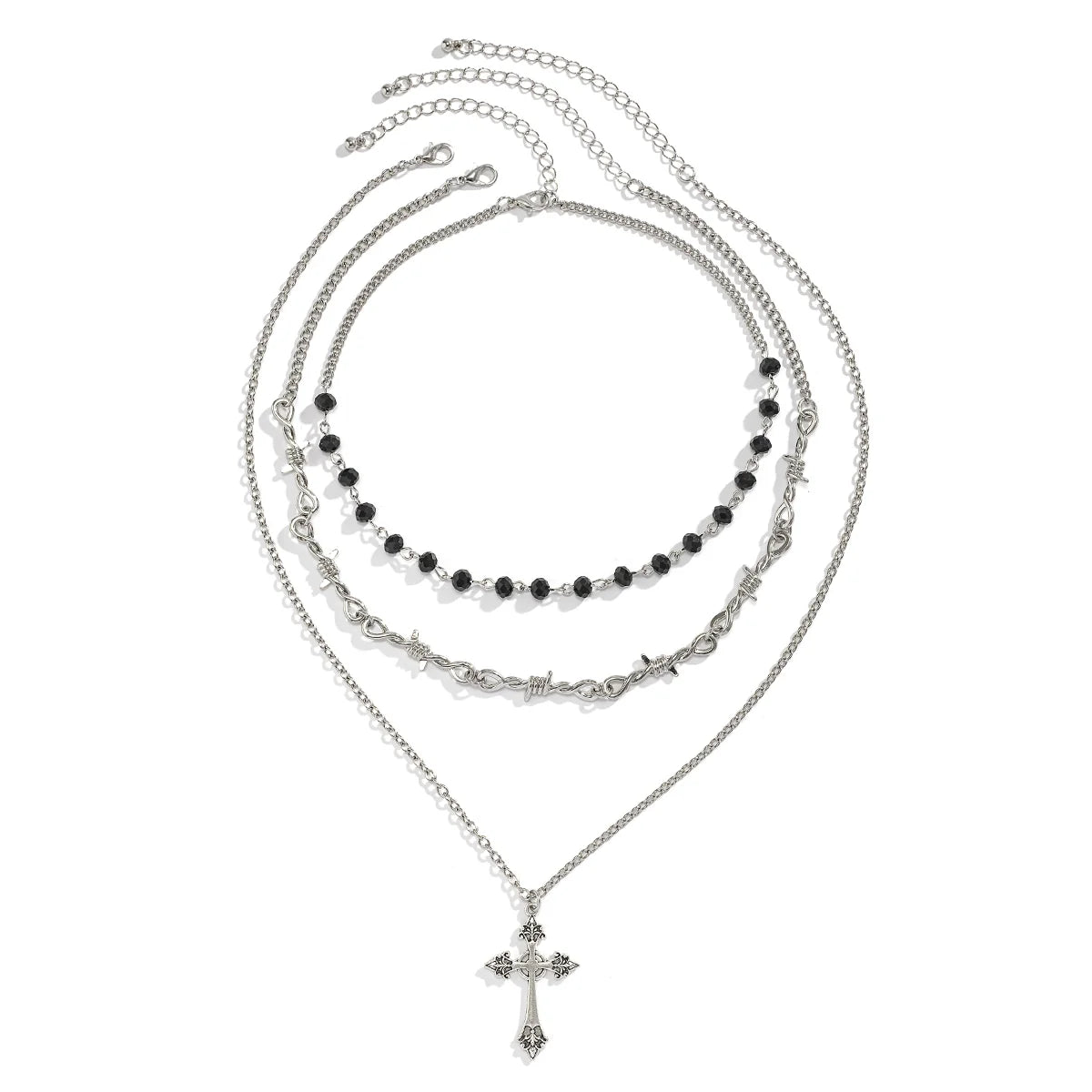Calista Layered Thorn Cross Necklace Set - Silver
