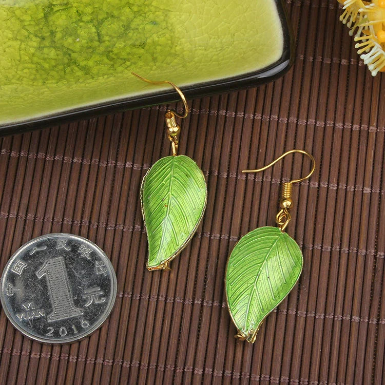 Adia Vintage Enamel Drop Earrings - Green Leaf