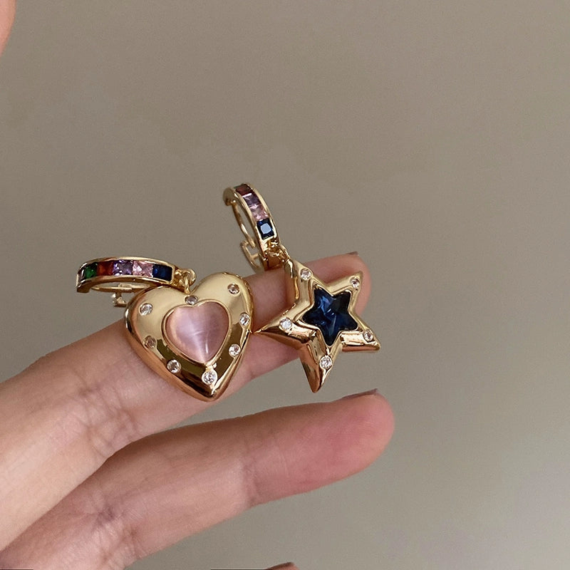 Hazelgrace Asymmetrical Star Heart Earrings - Pink Heart Blue Star [I46VSCCE]