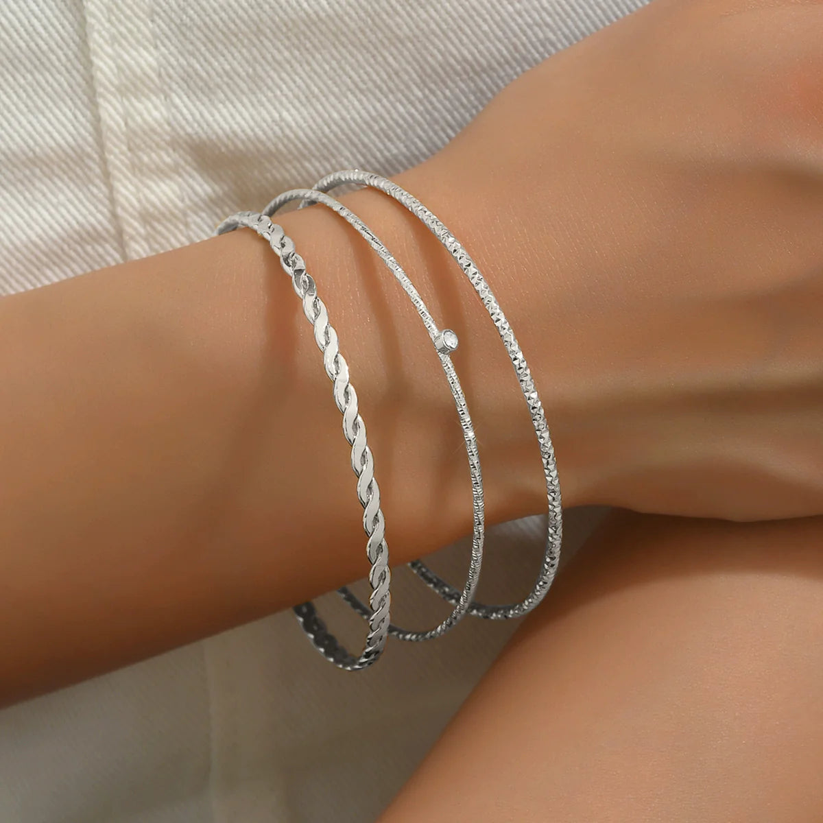 Melania Twisted Rhinestone Bracelet Set - Silver Three-Piece Set