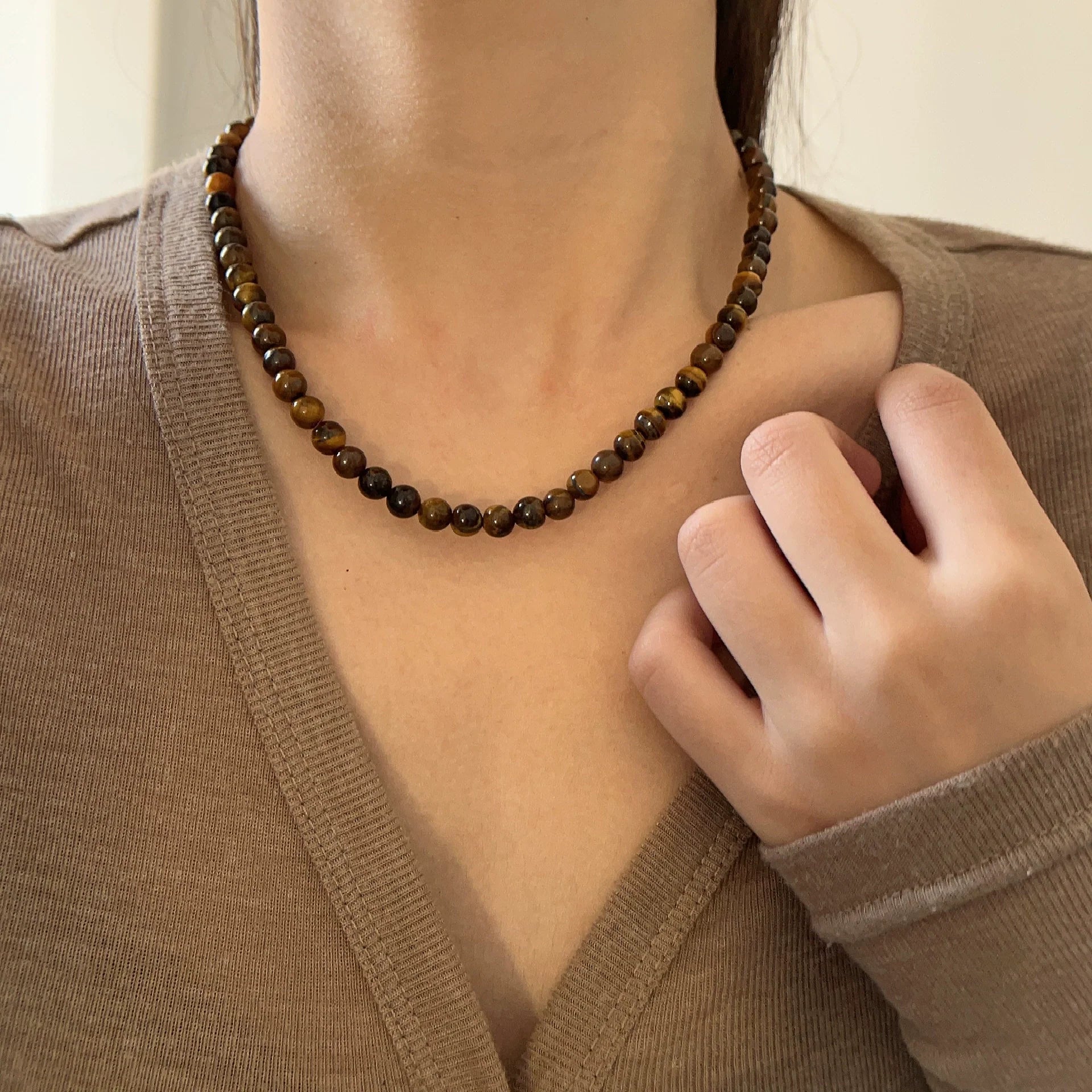 Domenica Tiger Eye Beaded Necklace - 6mm Tiger Eye Necklace