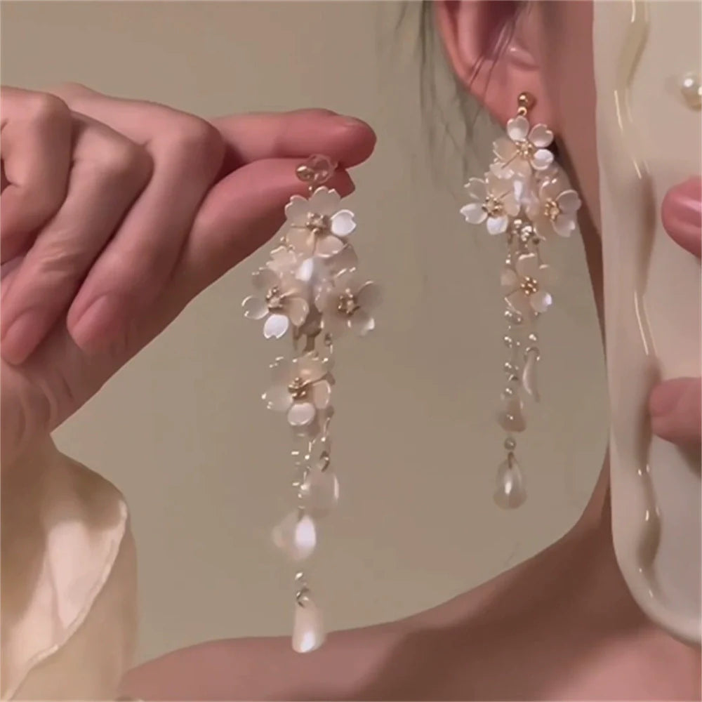 Junie Pearl Flower Tassel Earrings - White