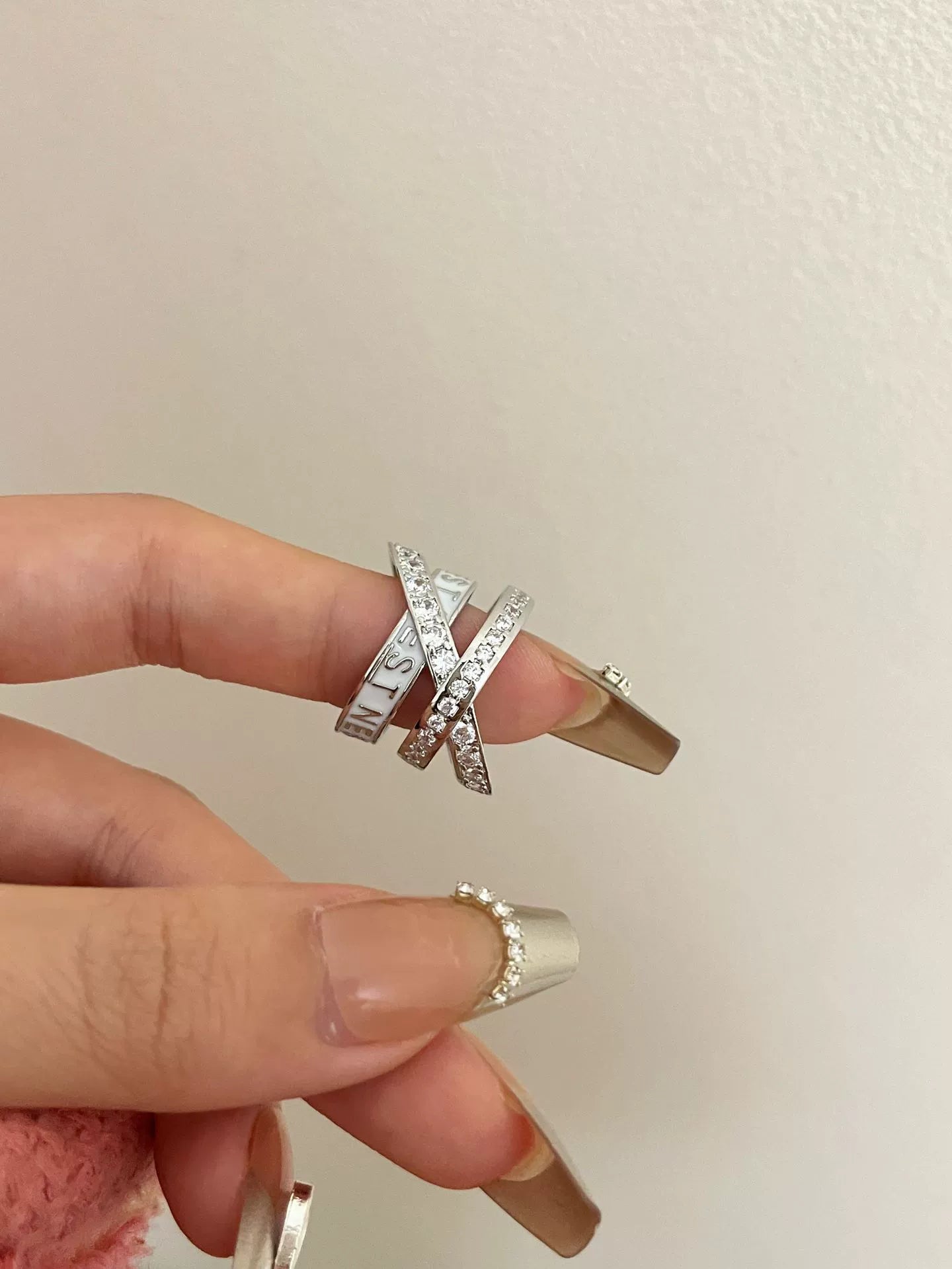 Jaslene Enamel Letter Band Ring - White Rhinestone Ring