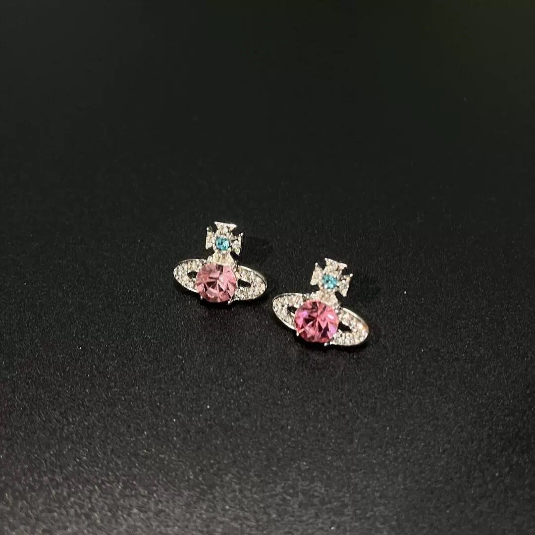 Myonna Saturn Crystal Studs - Pink Crystal Saturn Stud