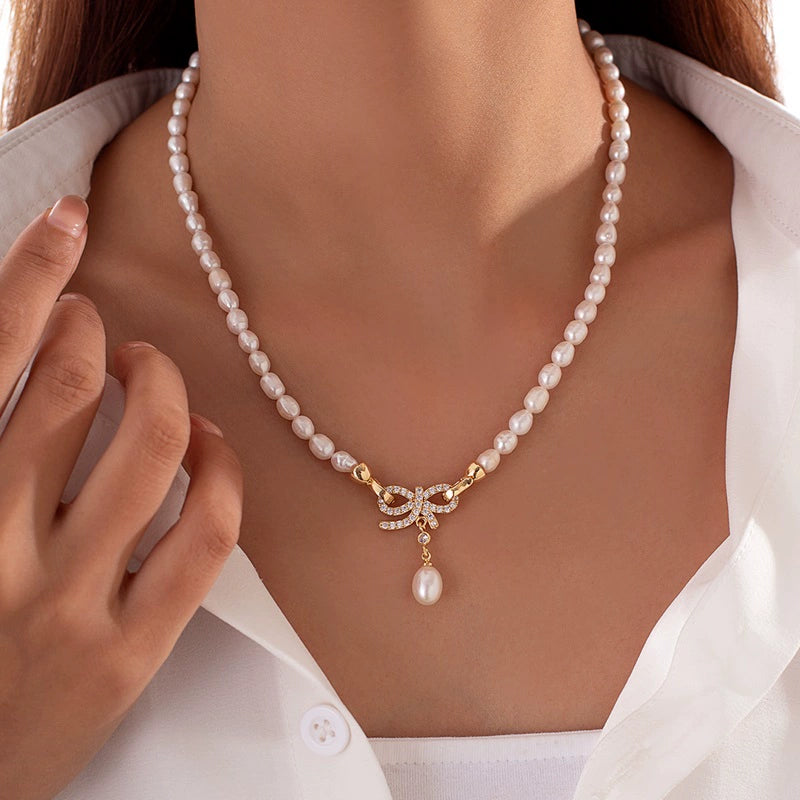 Bryar Freshwater Pearl Bow Necklace - Bow Pendant Pearl Necklace (Style 4) [2U0O67T7]
