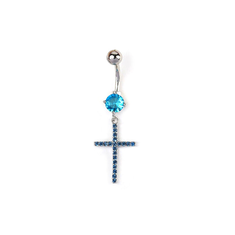 Catherine Zircon Cross Navel Ring - Blue (White Gold) [P94A3LFC]