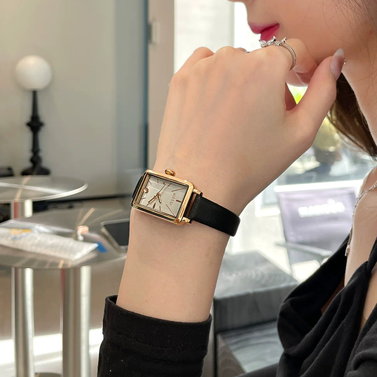 Angelica Vintage Leather Watch - Black Strap Gray Dial