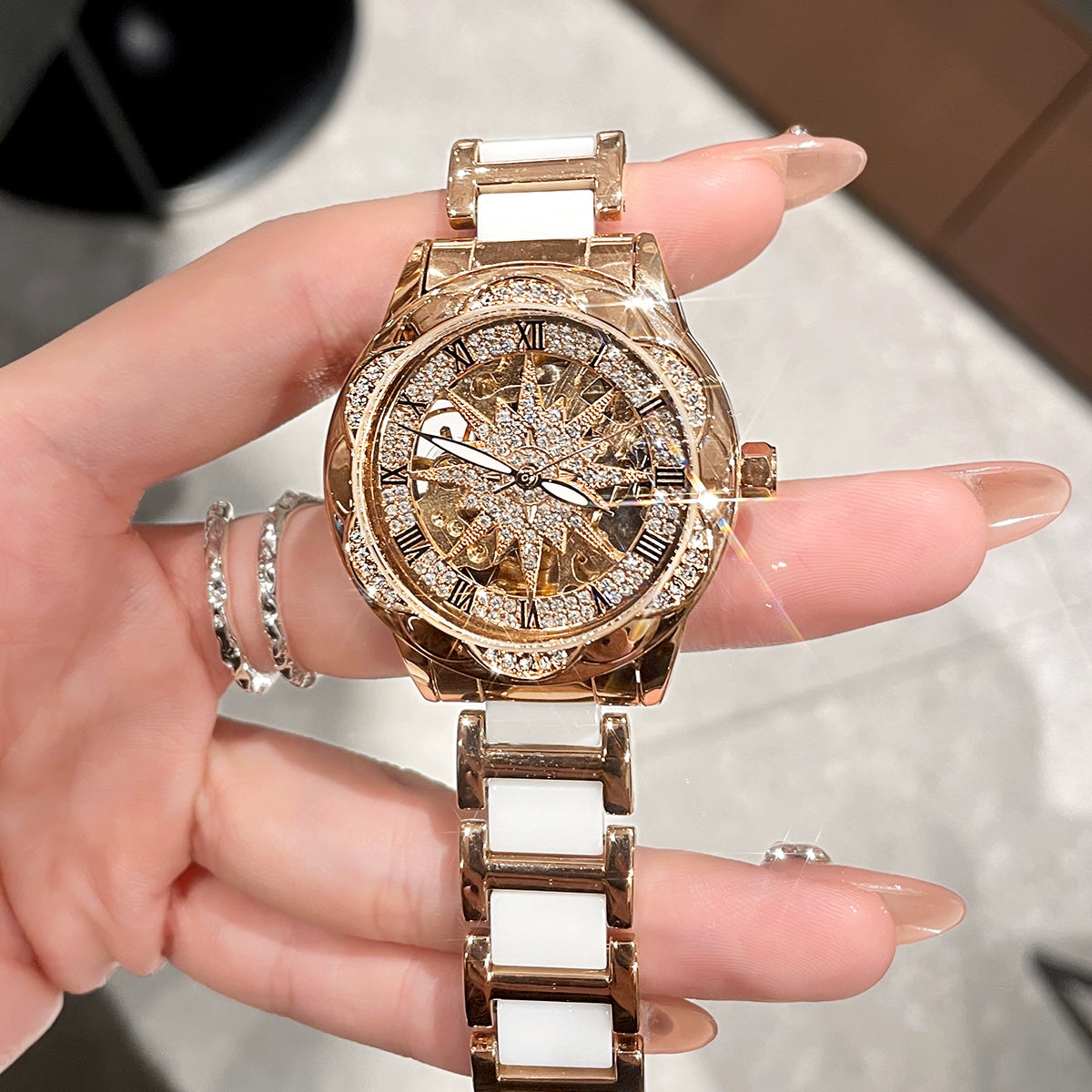 Tristyn Sunflower Mechanical Watch - Rose Gold Dial with Ceramic Strap [ZK0K1029]