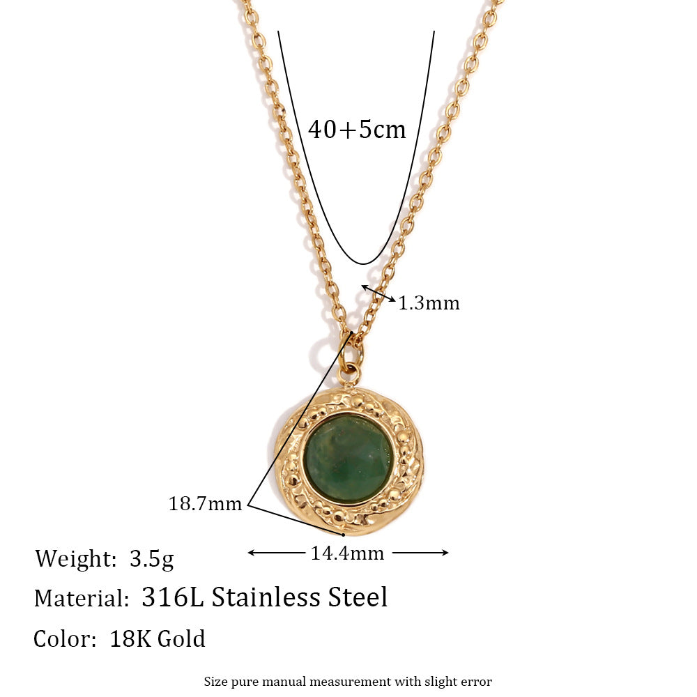 Jean Dainty Stone Necklace - Green Aventurine Coin Pendant - Gold [BYIN09DH]