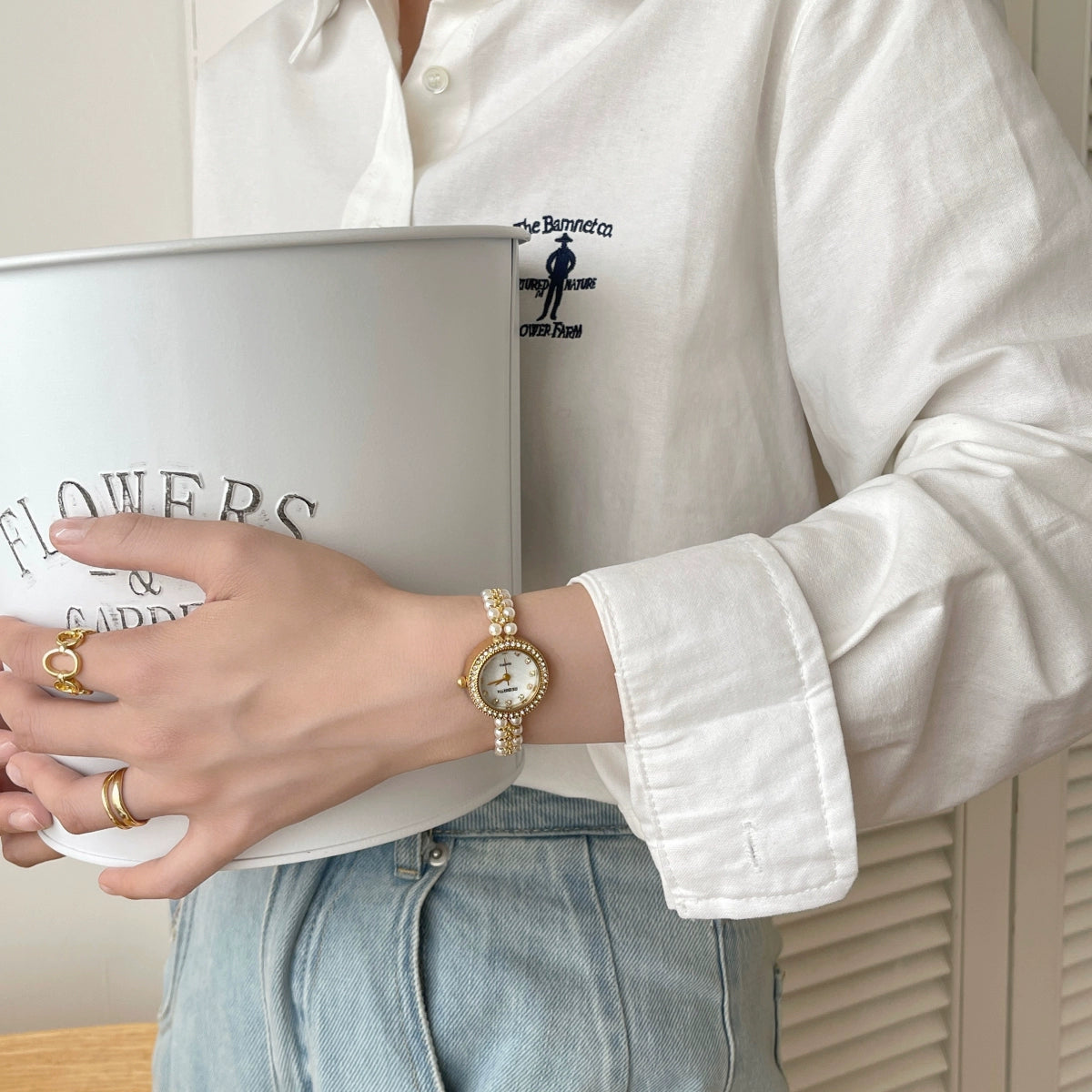 Amaryah Pearl Bracelet Watch - Gold (Double Row Pearl Bracelet Watch) [9CI4JADT]