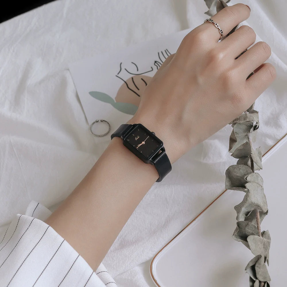 Adina Minimalist Leather Watch - Black