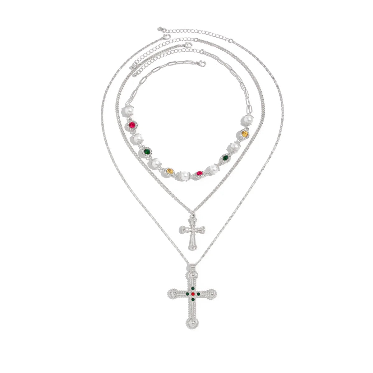 Mahi Rhinestone Cross Necklace Set - Silver