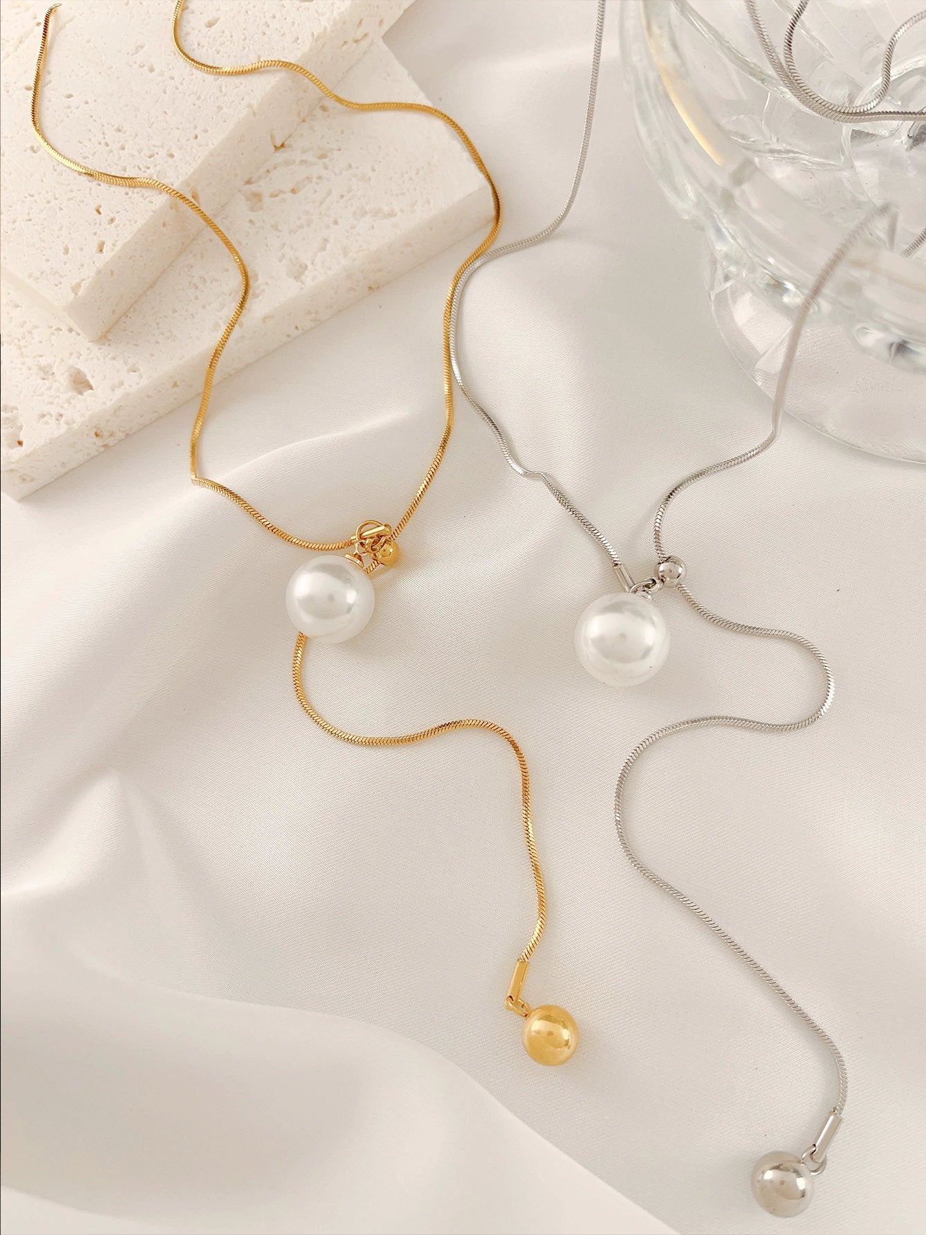 Manal Adjustable Pearl Heart Necklace - Pearl 77cm Gold & Silver 2-Piece Set [CMDK3WCS]