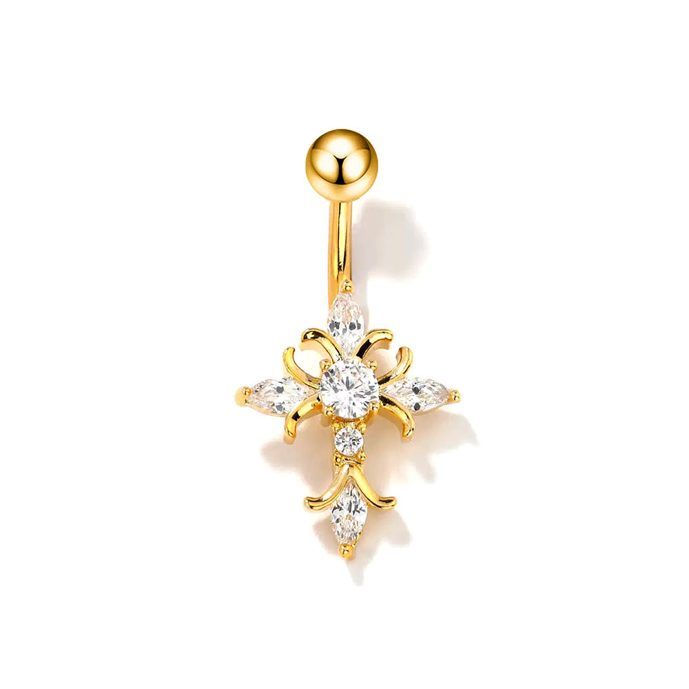Adya Zircon Cross Belly Ring - White (18k Gold Plated) [OA0H6D3J]