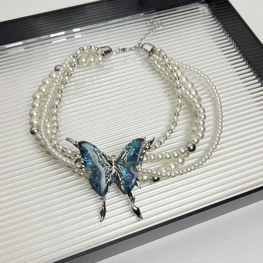 Kendyl Pearl Butterfly Choker - Blue Pearl Necklace [RMGMXSBU]