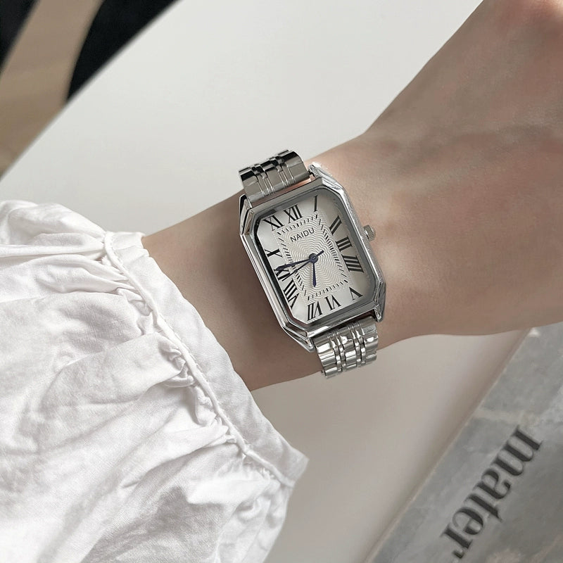 Everett Sleek Steel Watch - Silver (Naidu Steel Band, Roman Rectangular Dial) [Y33YARID]