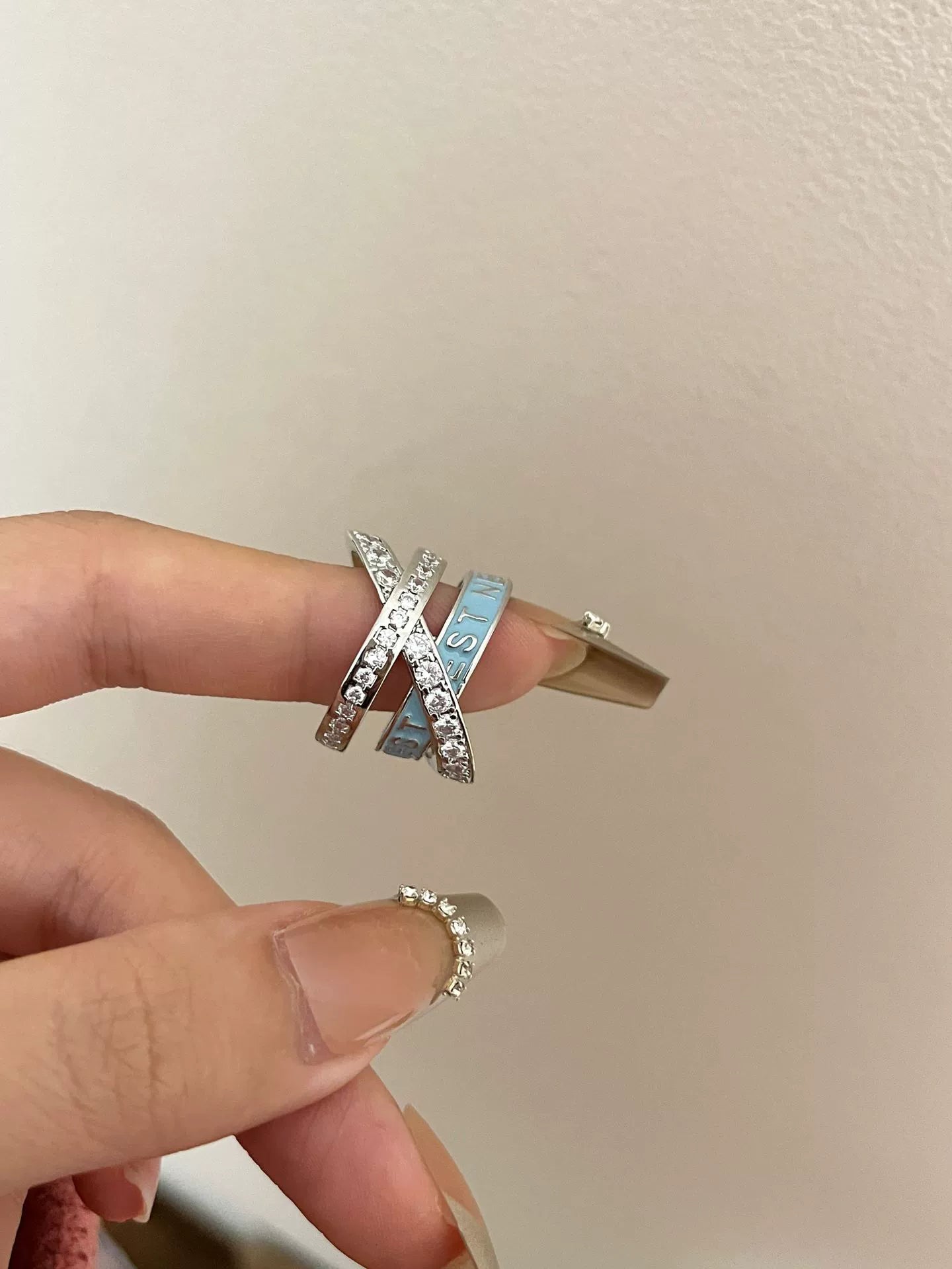 Jaslene Enamel Letter Band Ring - Blue Rhinestone Ring