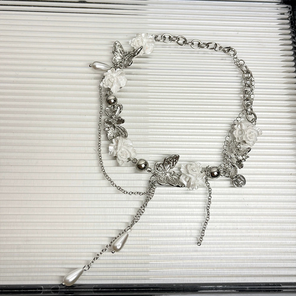 Esmee Pearl Flower Choker - White Flower Tassel Necklace