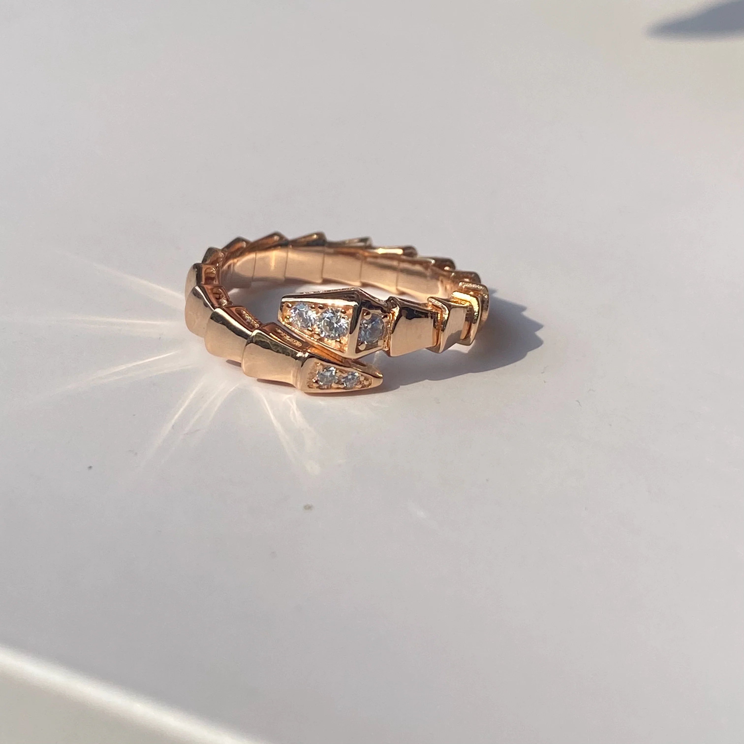 Brionna Serpent Embrace Ring - Rose Gold Narrow Snake Ring with Pave Ends