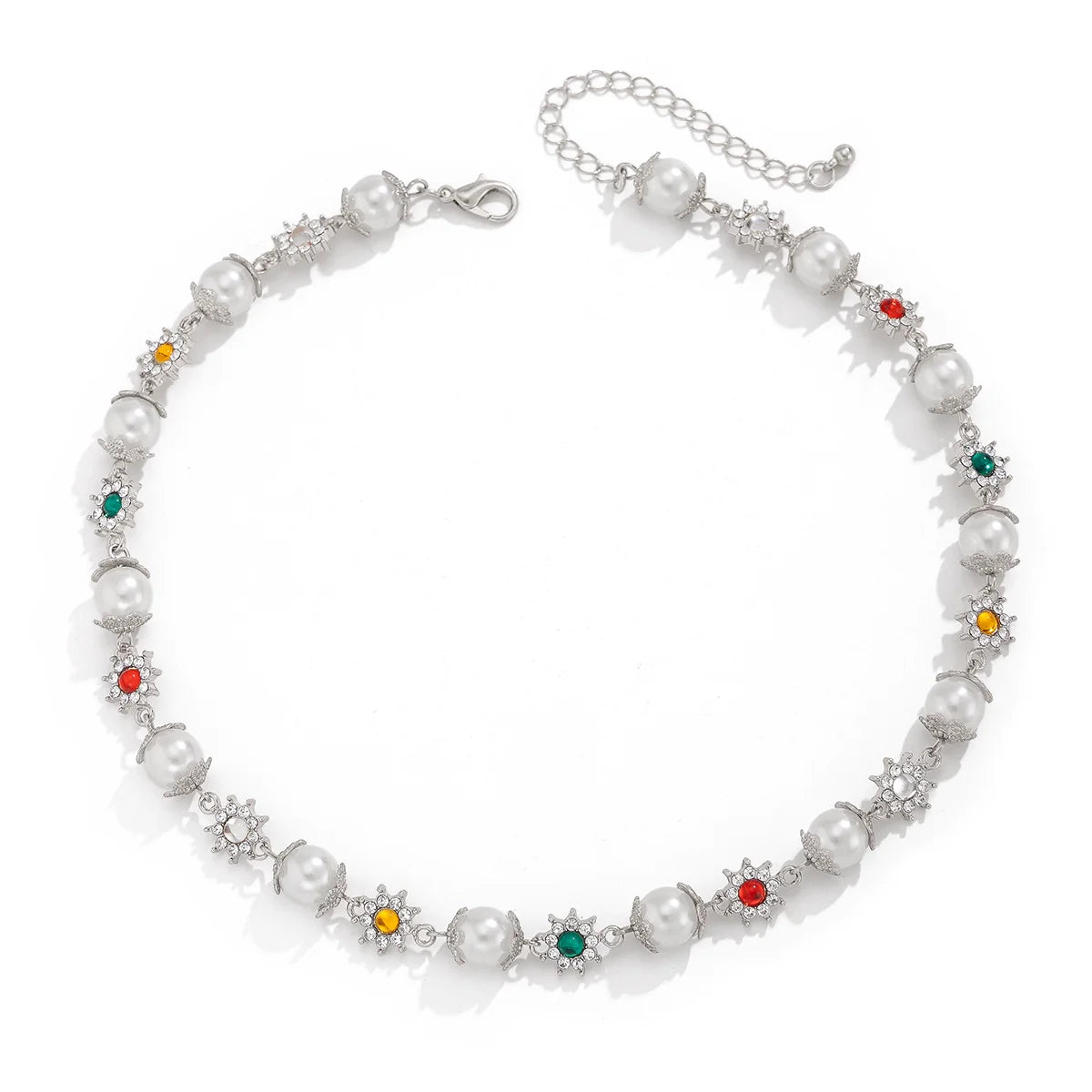 Charlie Rhinestone Flower Pearl Choker - Silver