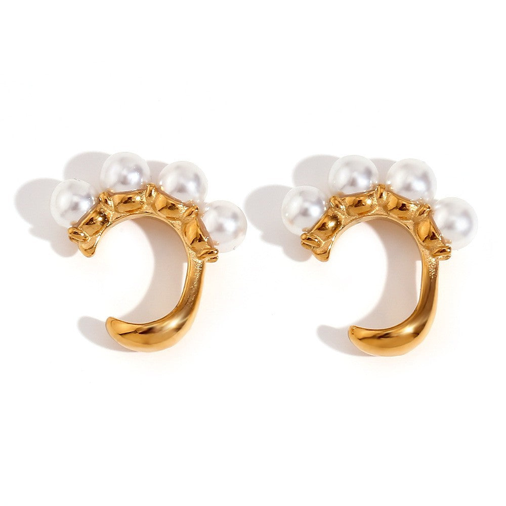 Avni Delicate Pearl Necklace - Four Pearl J-shaped Ear Clip - Gold [LF60QJ58]