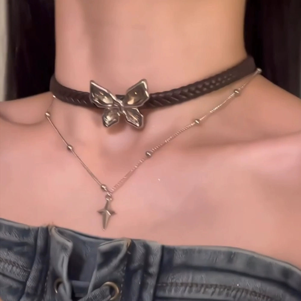 Meadow Leather Butterfly Layered Choker - Leather Butterfly Double Layer Necklace [MJR2SEKO]