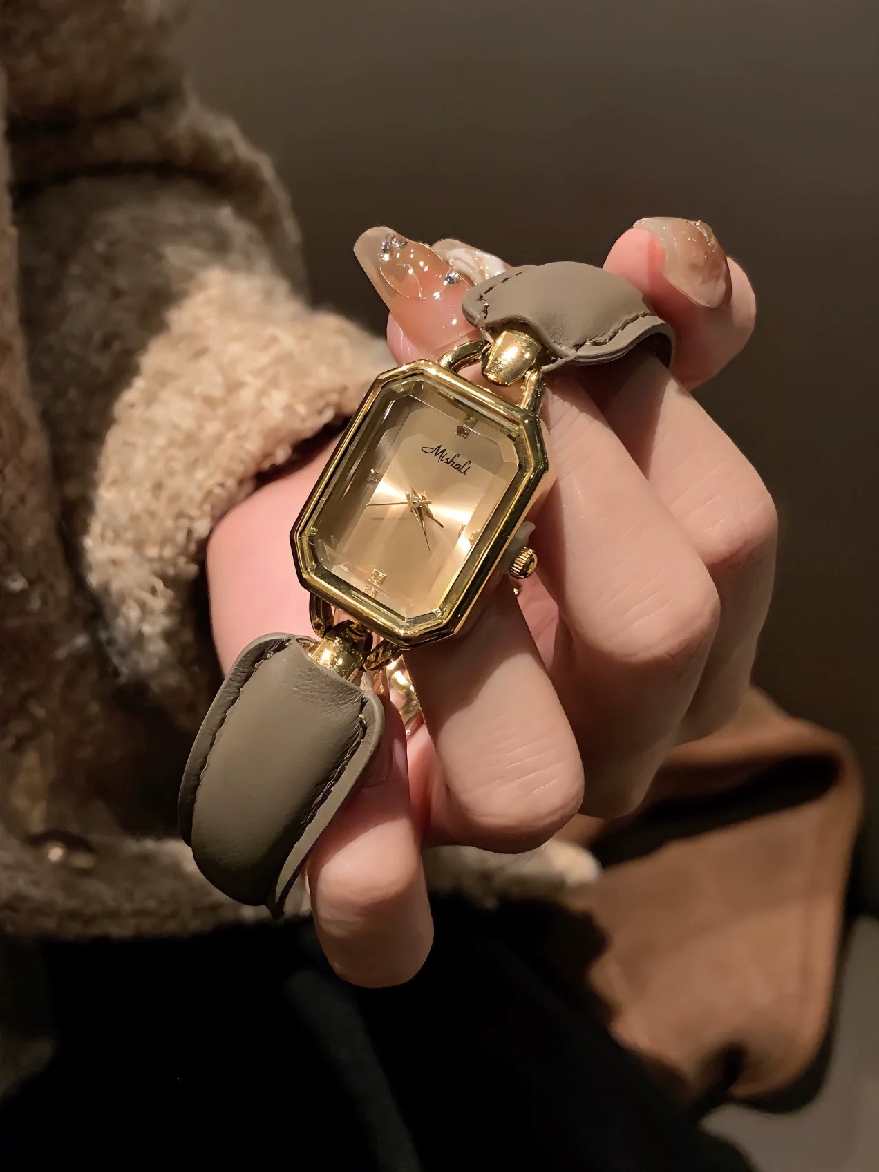 Aurelia Luxe Leather Bracelet Watch - Grey with Gold Face