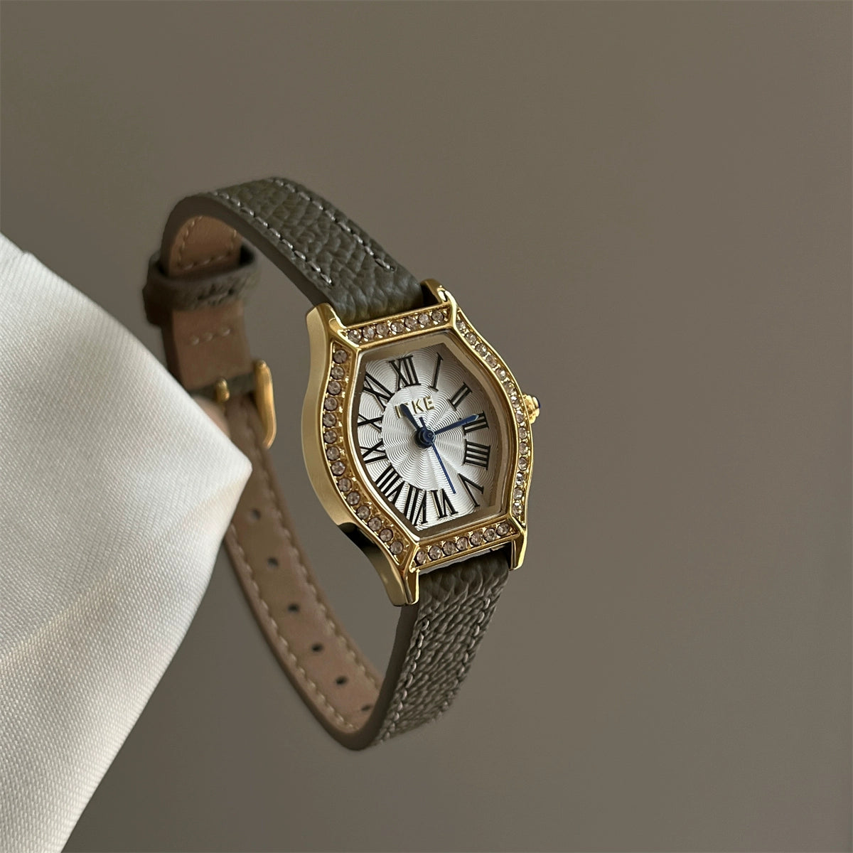 Bristol Embellished Barrel Watch - Mustard Green Strap, Gold Case, White Dial [2L5A6J8L]