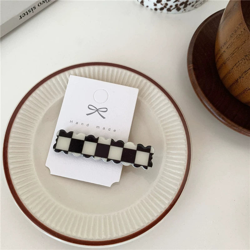 Jenny Checkerboard Hair Clip - Black & White Grid Square [STYBM6JX]