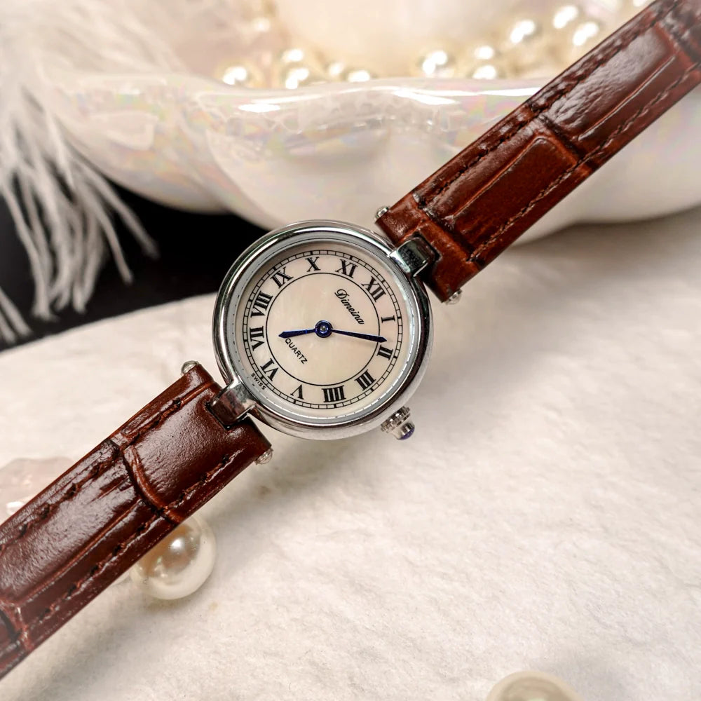 Gionna Vintage Square Watch - Silver Brown Strap Mother-of-Pearl Dial