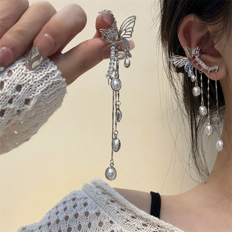 Eleen Butterfly Tassel Ear Cuff - Butterfly Zircon Tassel Ear Clip Pair [NPMUPNKC]