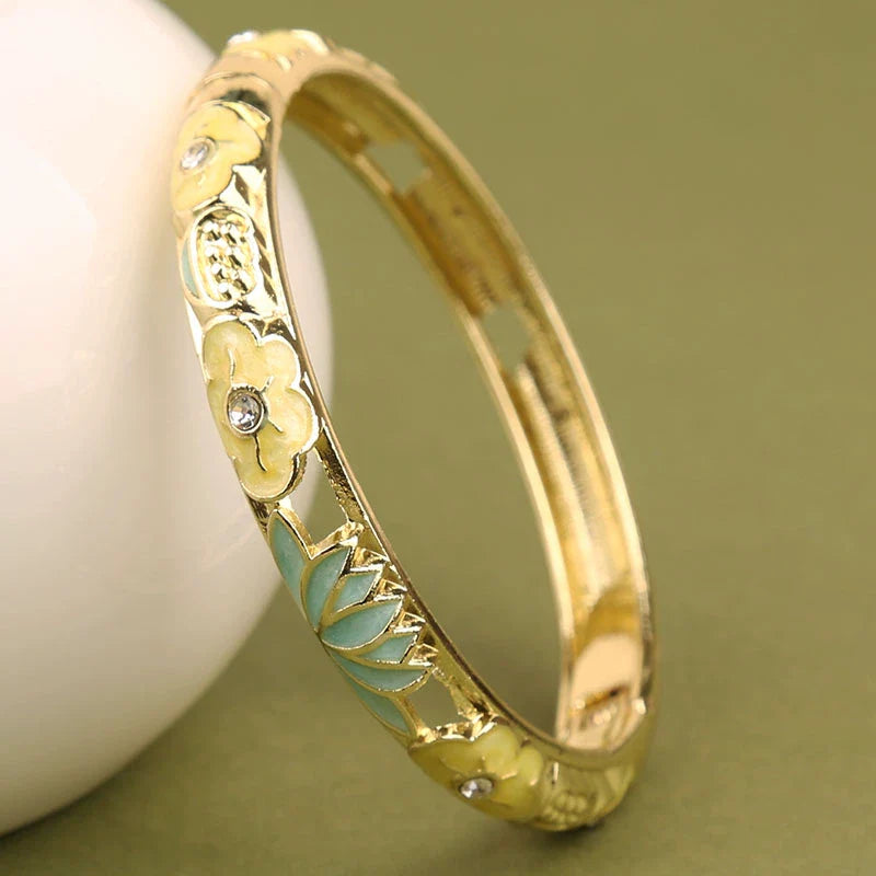 Sunshine Lotus Enamel Bracelet - Yellow Flower Blue-Green Lotus