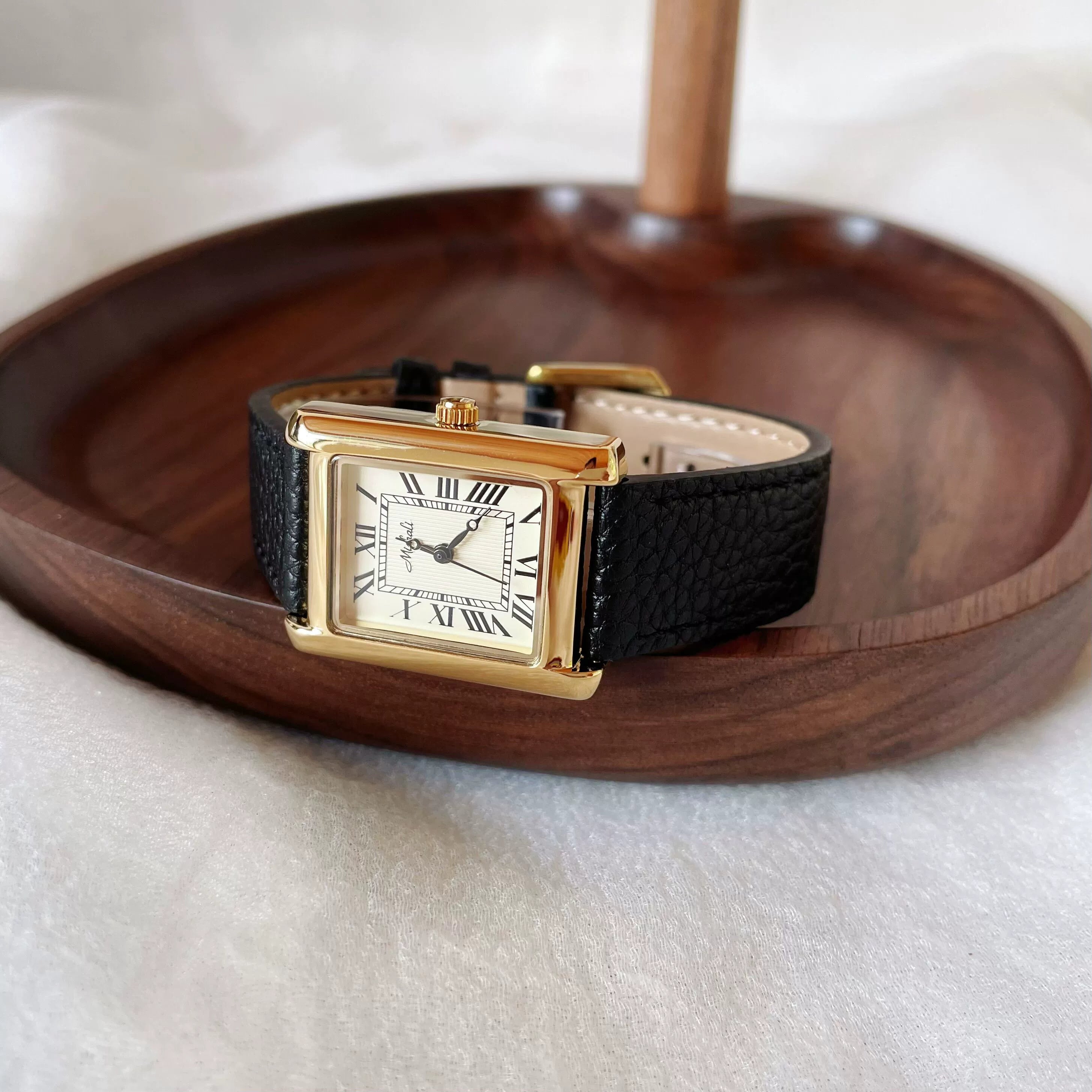 Venus Classic Tank Watch - Gold Case Black Strap