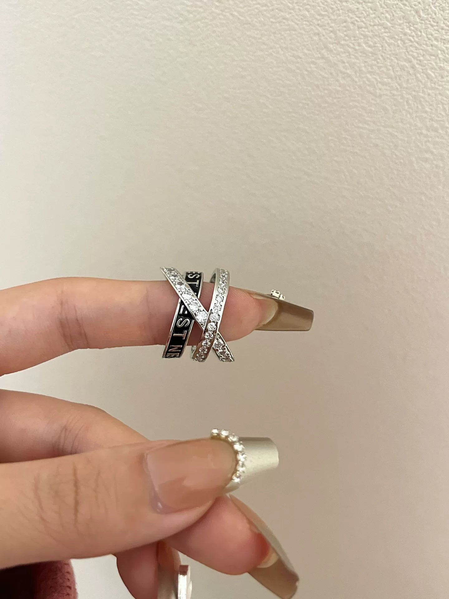 Jaslene Enamel Letter Band Ring - Black Rhinestone Ring