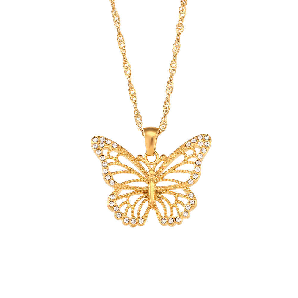Amelya Zircon Butterfly Necklace - Water Wave Chain Hollow Zircon Butterfly Pendant Necklace - Gold [O3V6RELU]