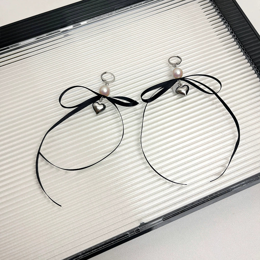 Kyleah Ribbon Bow Drop Earrings - Black Ribbon Earrings [870M64BQ]