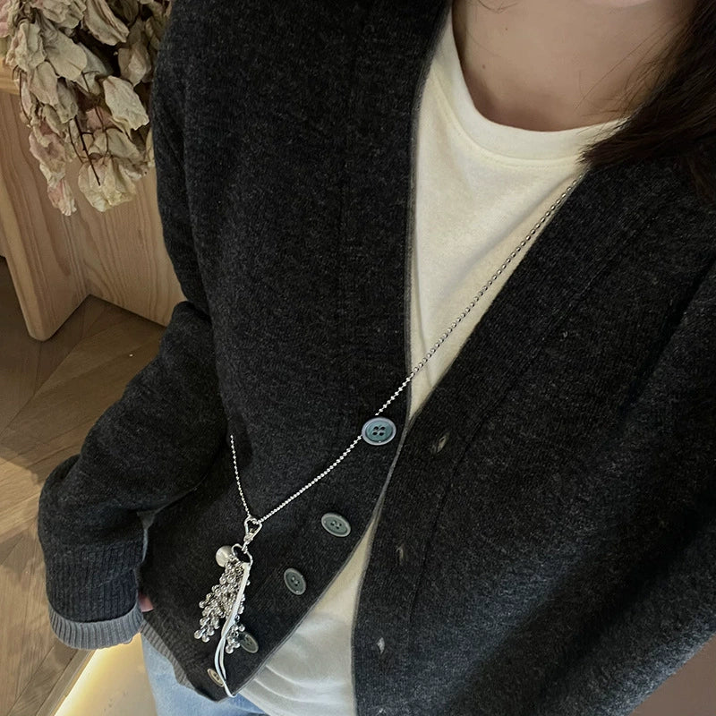 Brianny Leopard Heart Tassel Necklace - Tassel Round Bead (White Cord) [AASHA7WQ]