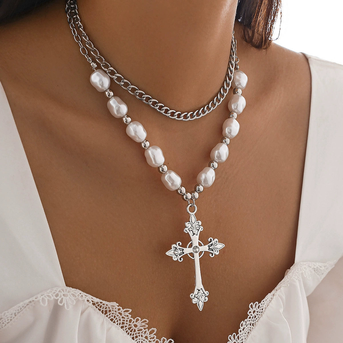 Ameenah Layered Cyberpunk Necklace - 05 White K 2-piece Set [2X28P9C4]