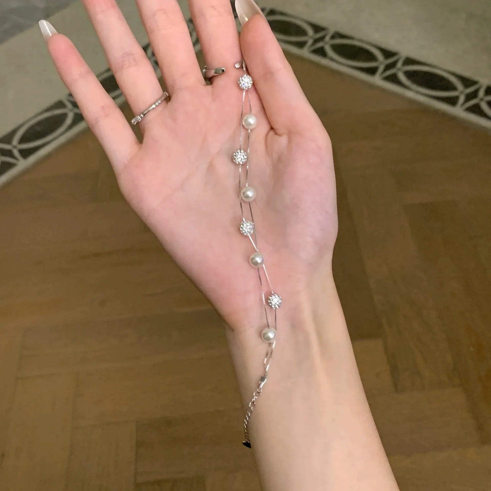 Nyssa Double Pearl Sparkle Bracelet - Pearl Round Bead Bracelet (S925 Sterling Silver)