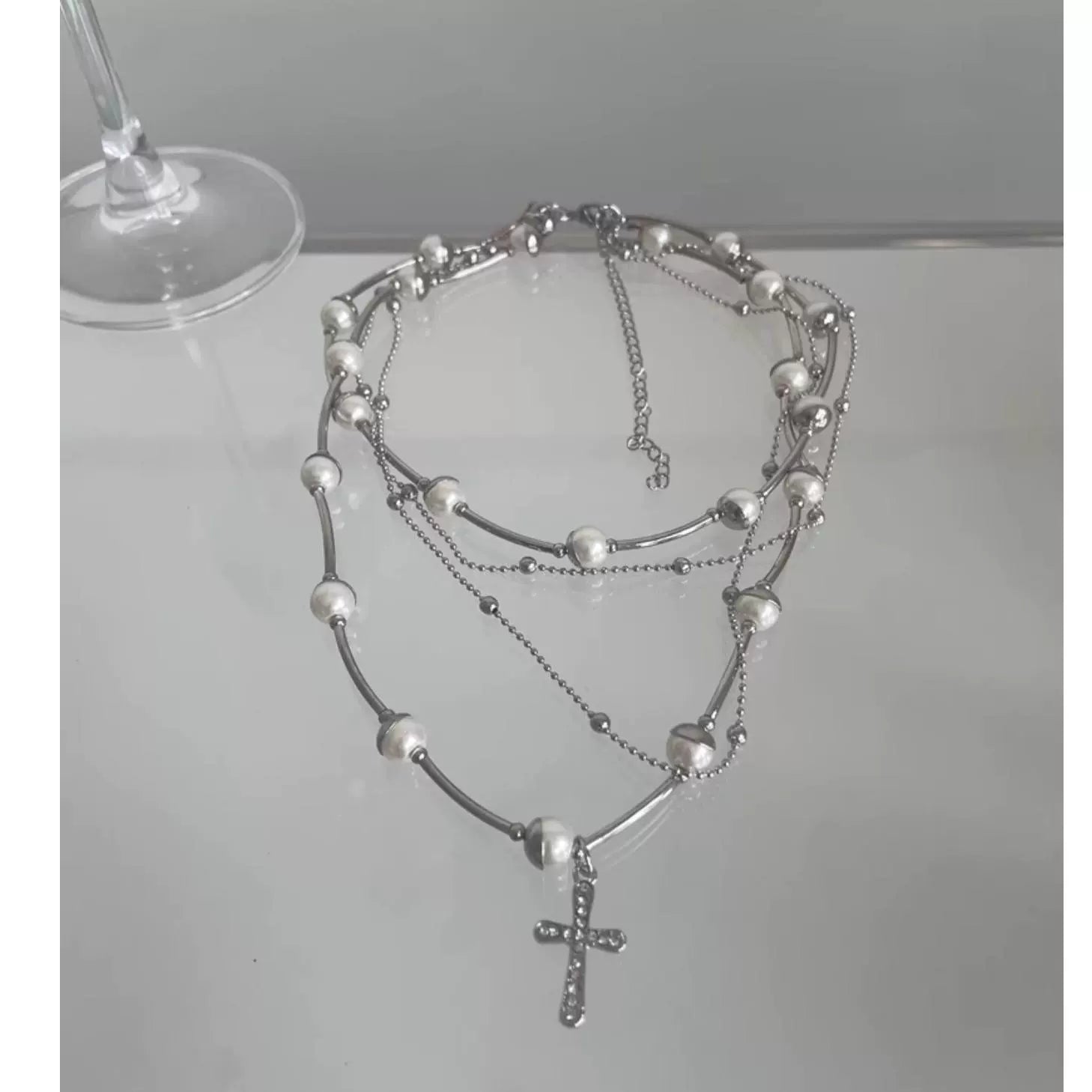 Britany Layered Pearl Cross Necklace - Multi-layer Pearl Cross Necklace [T9C5ZLGQ]