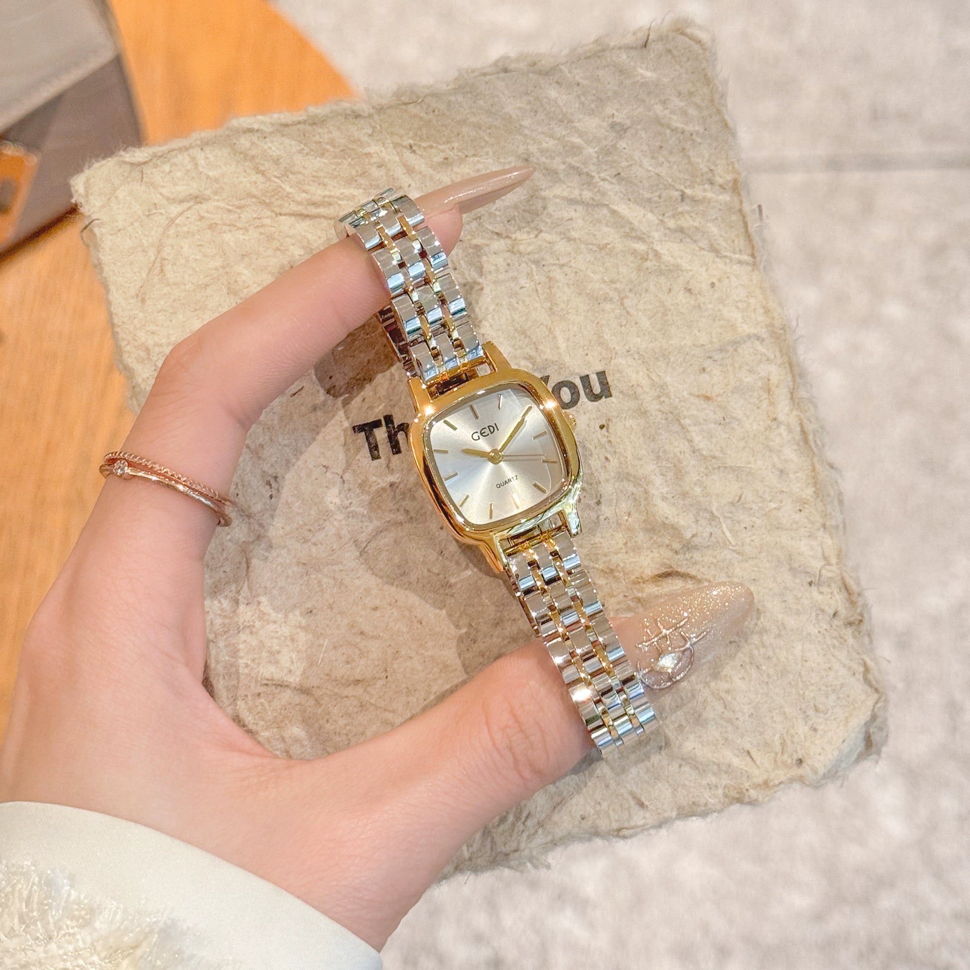 Malania Elegant Square Watch - Gold & White [WIFO5SVE]