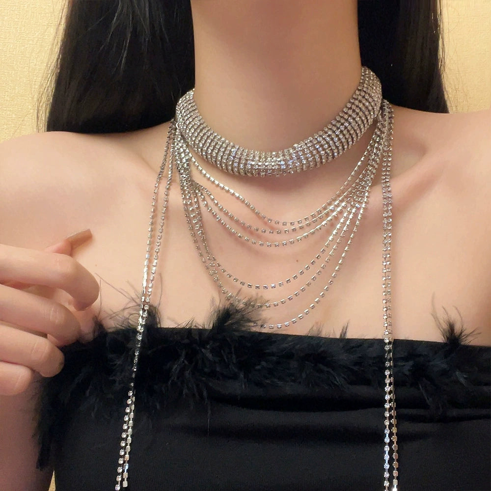 Aashi Sparkle Tassel Necklace - Multi-layer Rhinestone Tassel Necklace [PHWM54CM]